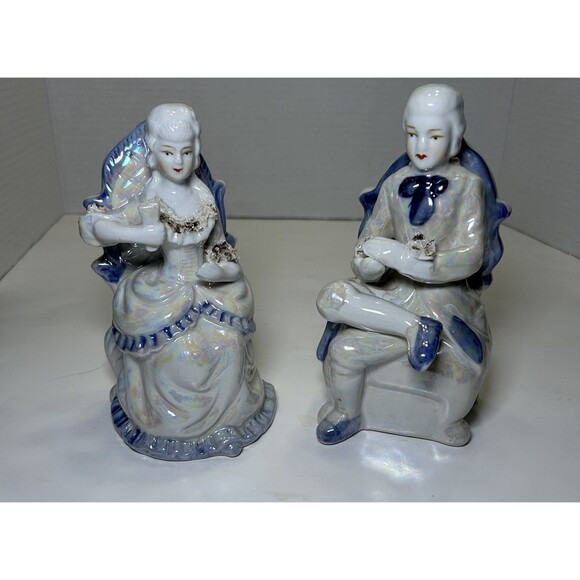 Vintage Victorian/Colonial Iridescent Porcelain Couple Having Tea (3 Pc Set) - Picture 2 of 14